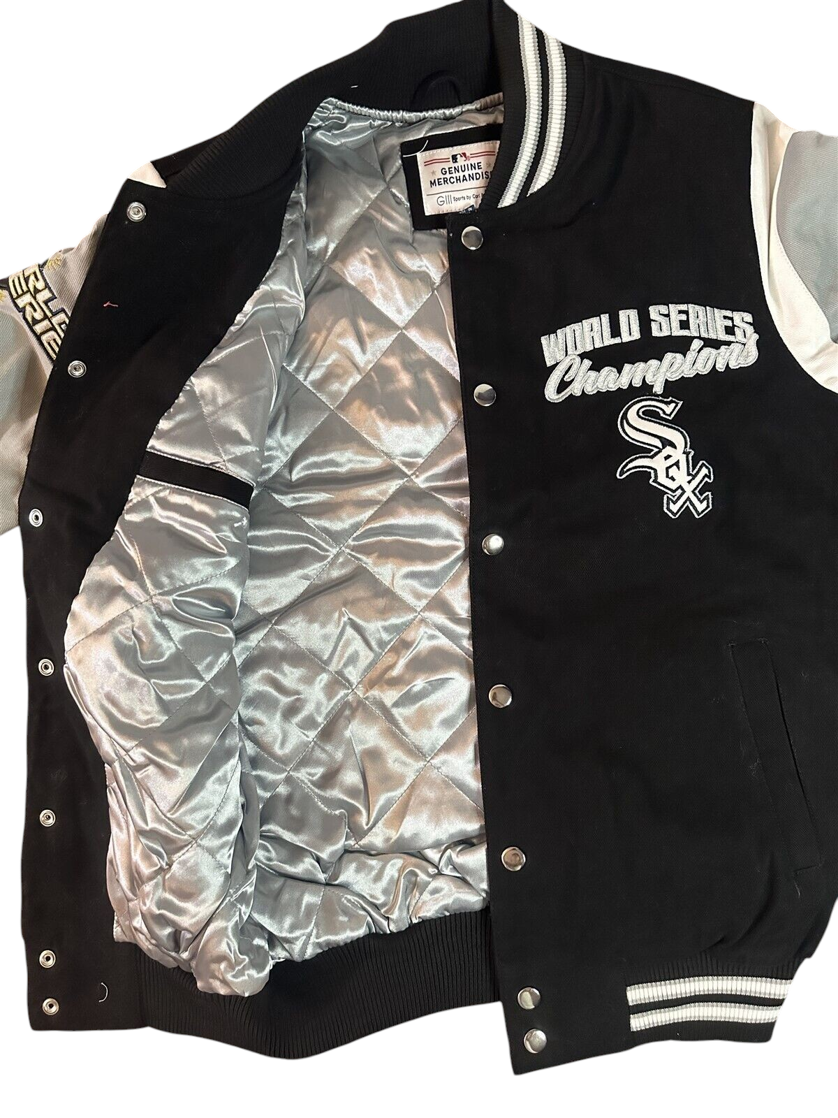 Throwback Rack Chicago White Sox World Series Champions varsity jacket with black body, grey sleeves, and quilted lining