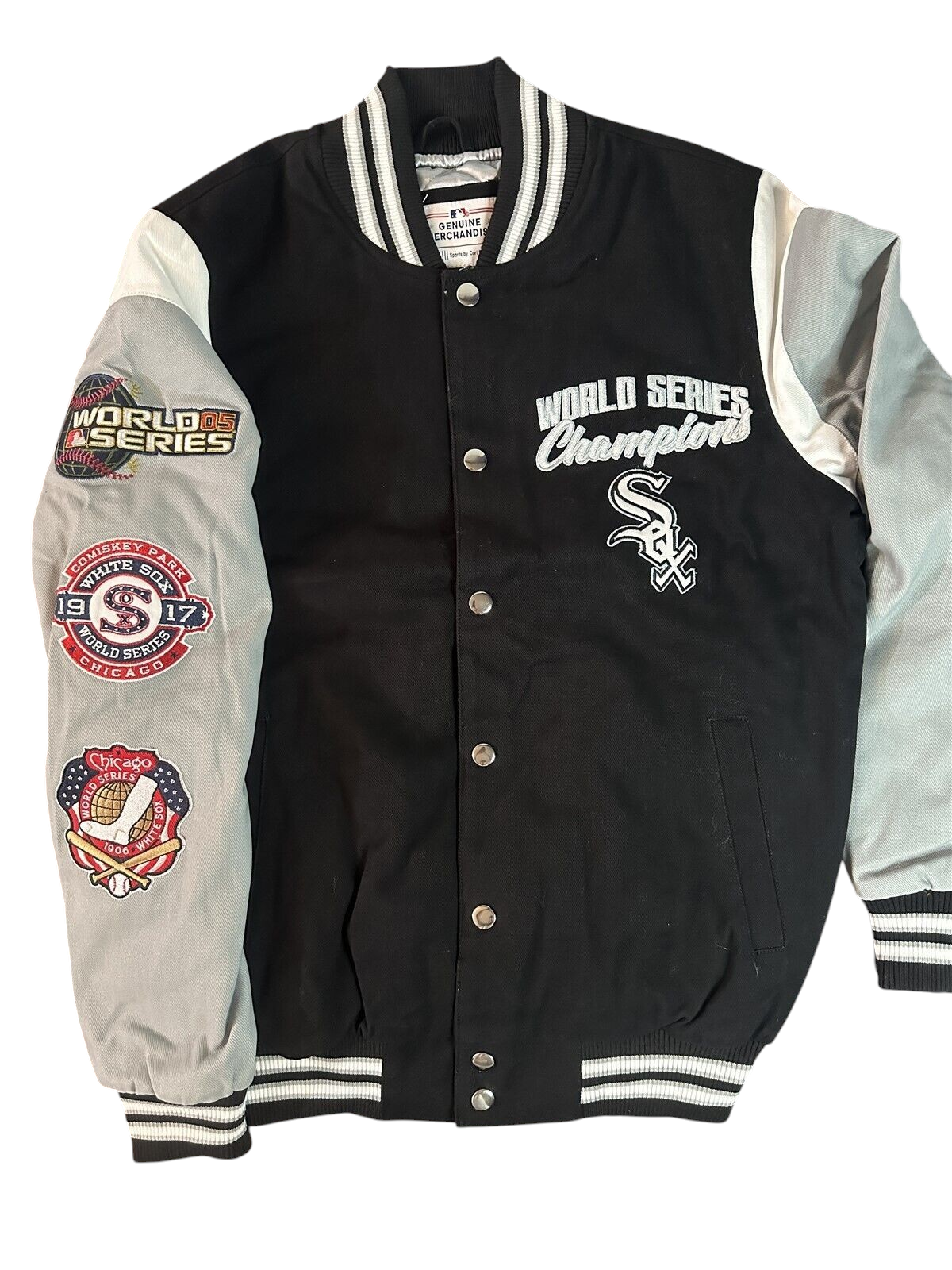 Throwback Rack Chicago White Sox World Series Champions varsity jacket with black body, grey sleeves, and patches.