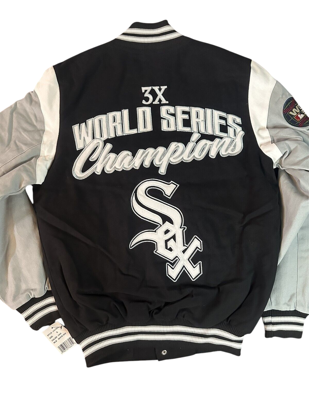 Throwback Rack Chicago White Sox varsity jacket with World Series Champions embroidery and grey sleeves on black body