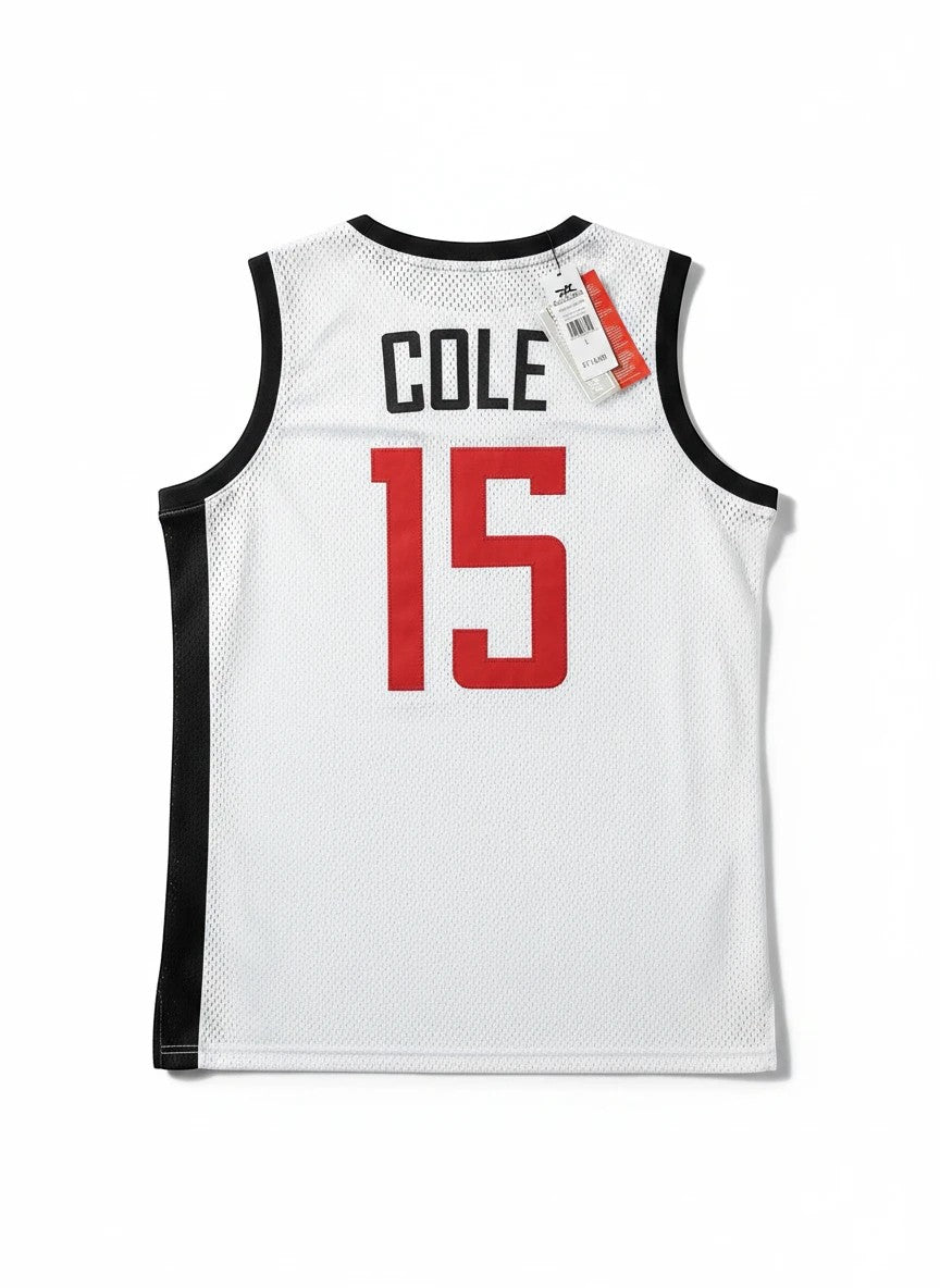 Throwback Rack white mesh basketball jersey with red "COLE 15" on back and black trim.