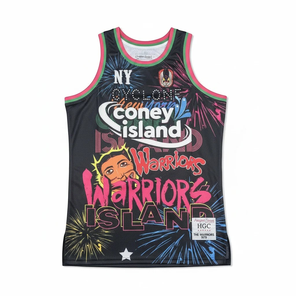 Throwback Rack black mesh basketball jersey featuring Coney Island The Warriors graphic print with pink and green trim.