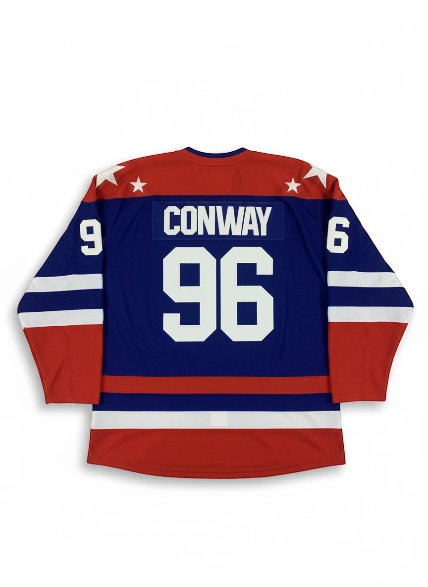 Throwback Rack blue hockey jersey with red sleeves, "CONWAY 96" on back, stars on shoulders, and stripes on cuffs.