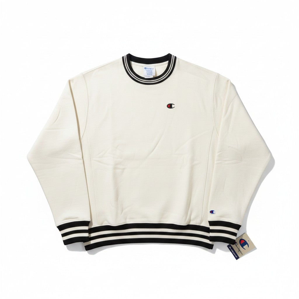 Throwback Rack cream Champion Reverse Weave crew neck sweatshirt with embroidered chest logo and striped cuffs and hem.