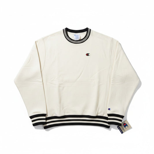 Throwback Rack cream Champion Reverse Weave crew neck sweatshirt with embroidered chest logo and striped cuffs and hem.