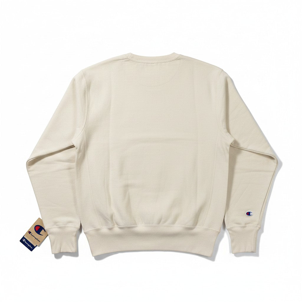 Throwback Rack cream heavyweight cotton crewneck sweatshirt with embroidered Champion logo on chest and cuff.
