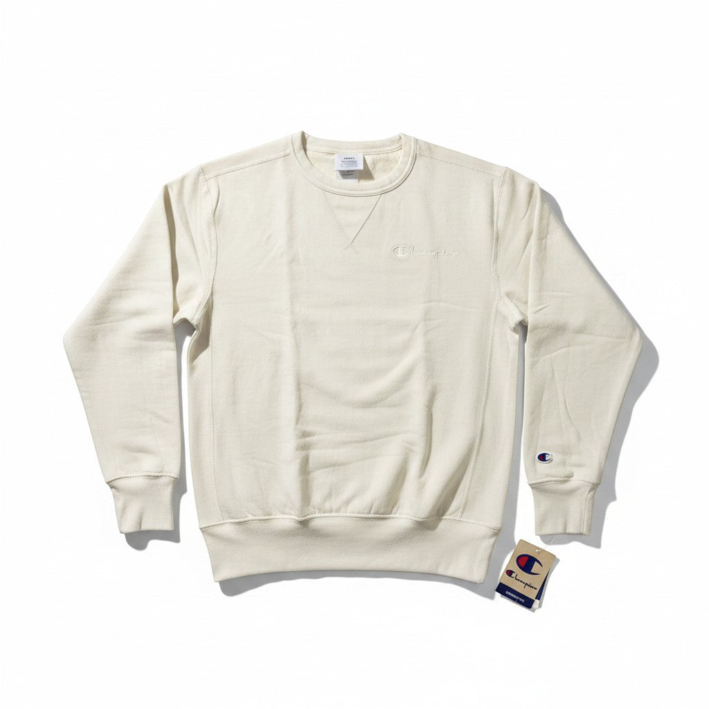 Throwback Rack cream heavyweight cotton Champion Reverse Weave crewneck sweatshirt with embroidered logo on chest and cuff.