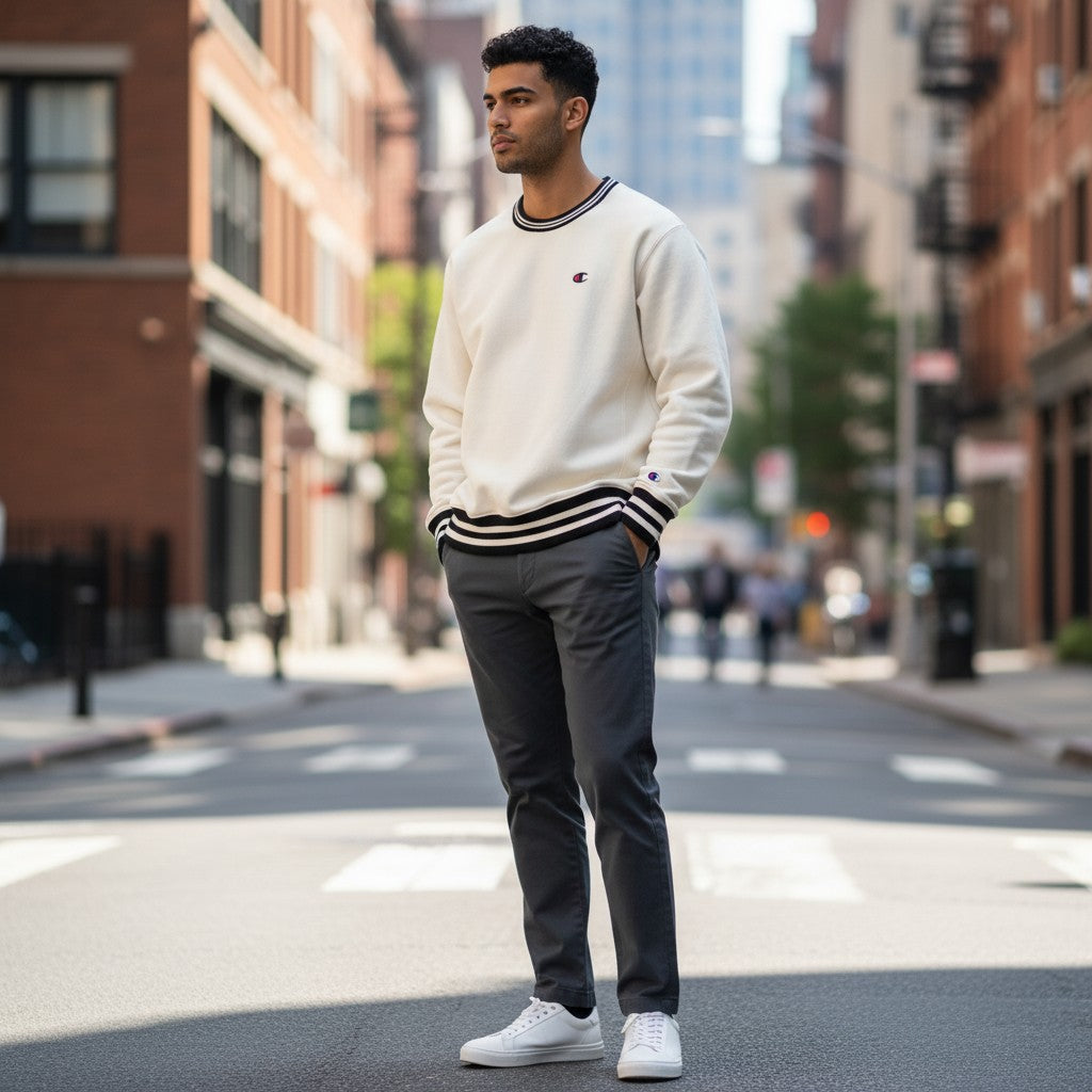 Throwback Rack cream Champion Reverse Weave crew neck sweatshirt with black striped cuffs and hem. Embroidered C logo on chest and sleeve.