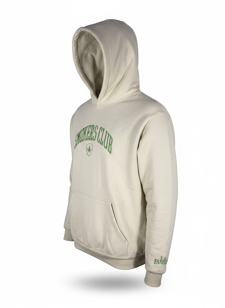 Throwback Rack cream cotton hoodie with green "Smokers Club" embroidery and a cannabis leaf emblem.