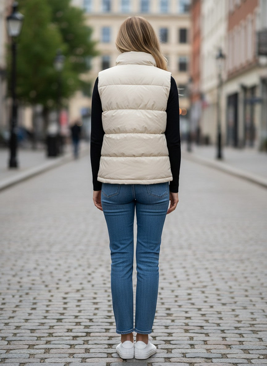 Throwback Rack cream quilted puffer vest worn by a woman with blonde hair, standing on a cobblestone street. The vest has a high collar and zip-up front.