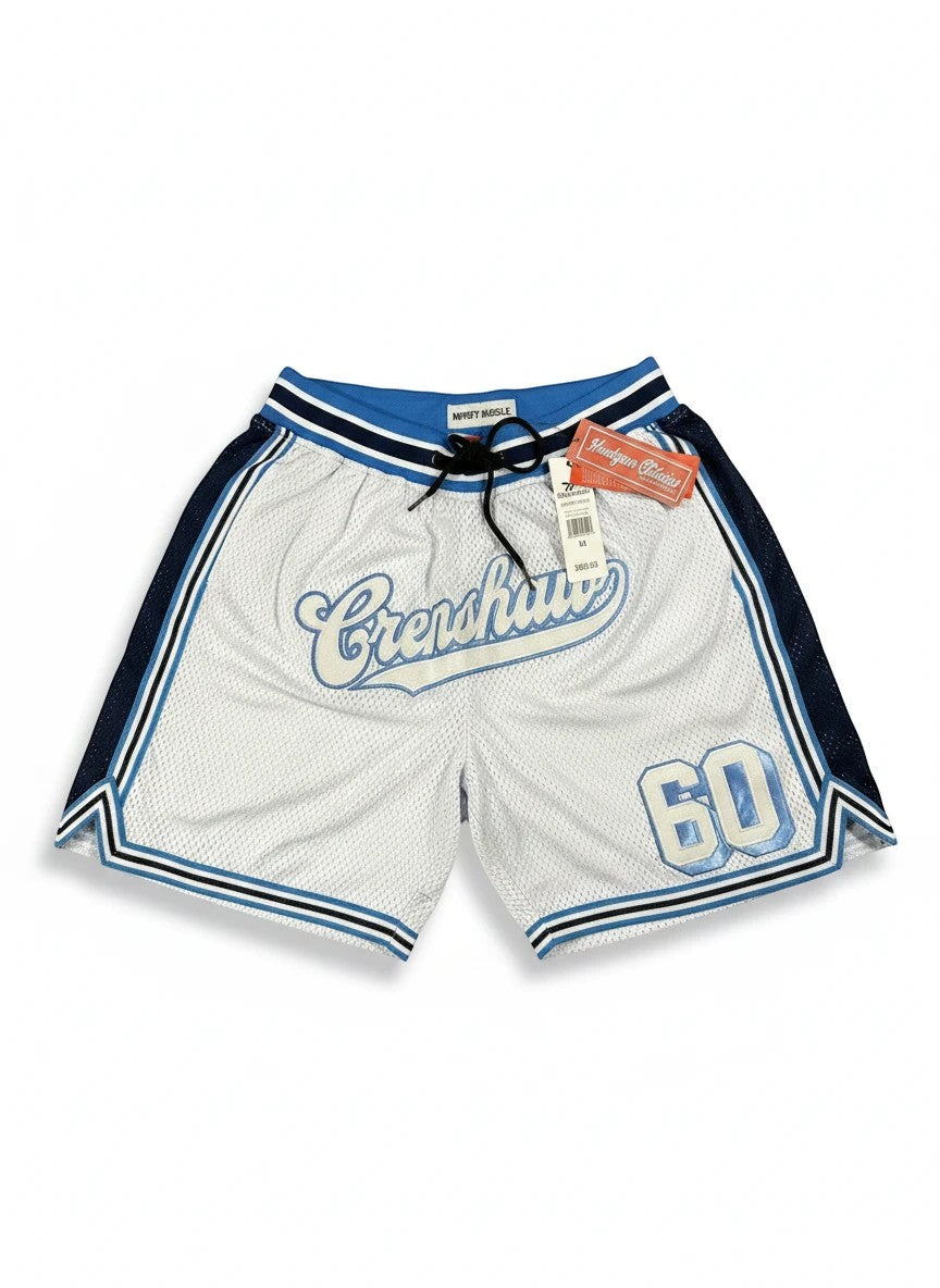 Throwback Rack Crenshaw mesh basketball shorts in white with blue and black trim, featuring script logo and number 60.