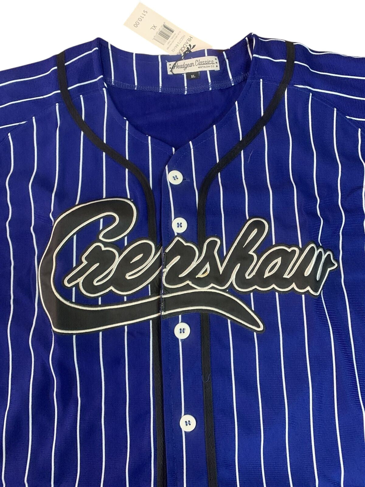 Throwback Rack royal blue pinstripe baseball jersey with Crenshaw embroidery and black trim button-down front