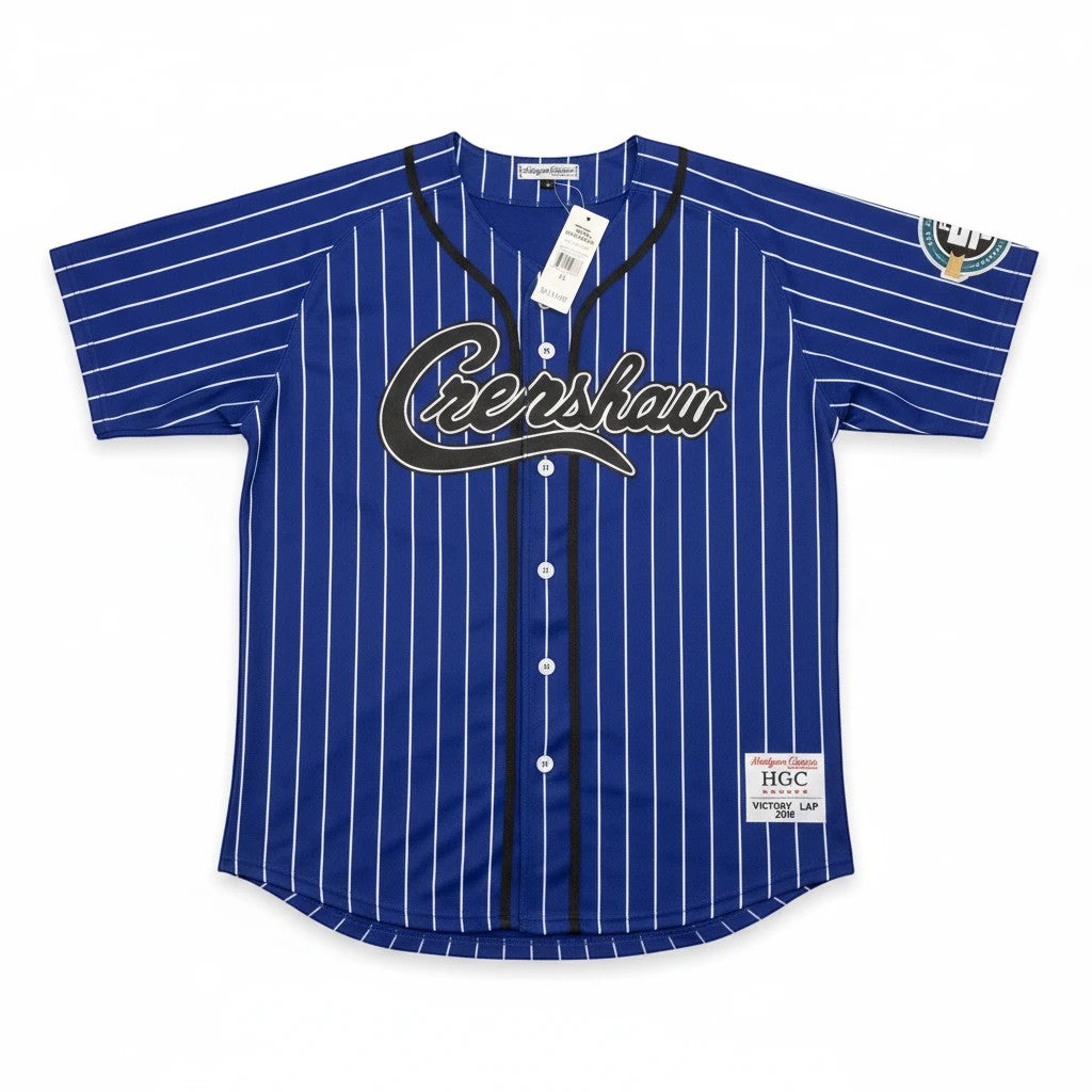 Throwback Rack Headgear Classics royal blue pinstripe baseball jersey with Crenshaw embroidery and button-down front.