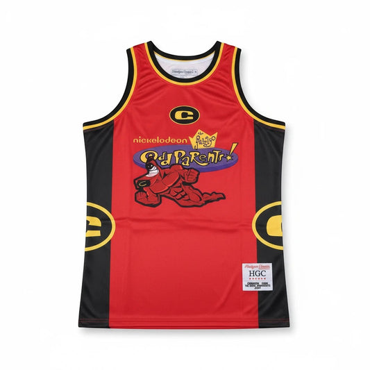 Throwback Rack Crimson Chin basketball jersey in red and black with Nickelodeon Fairly OddParents logo and C emblem.