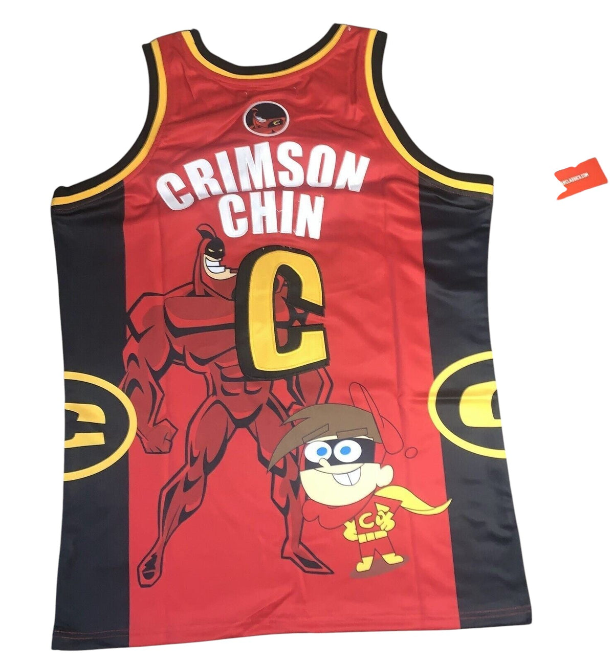 Throwback Rack Crimson Chin basketball jersey in red and black with cartoon graphics of Crimson Chin and Cleft.