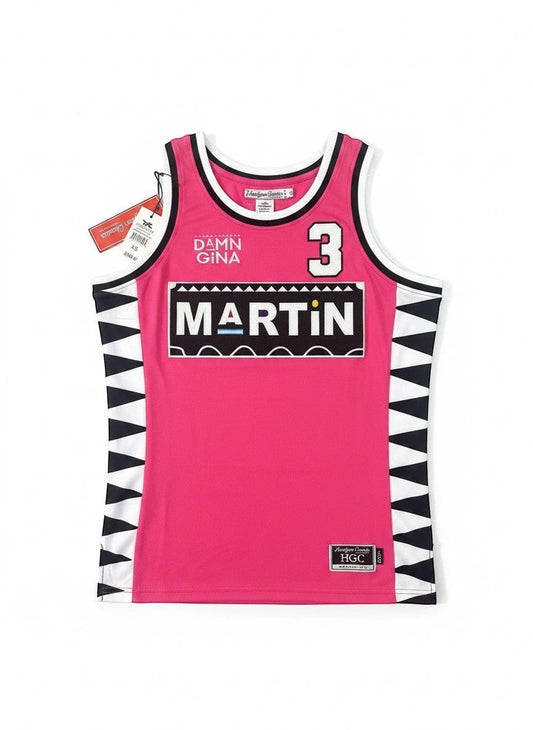 Throwback Rack pink basketball jersey with "MARTIN" and "GINA 3" lettering, black and white side panels.