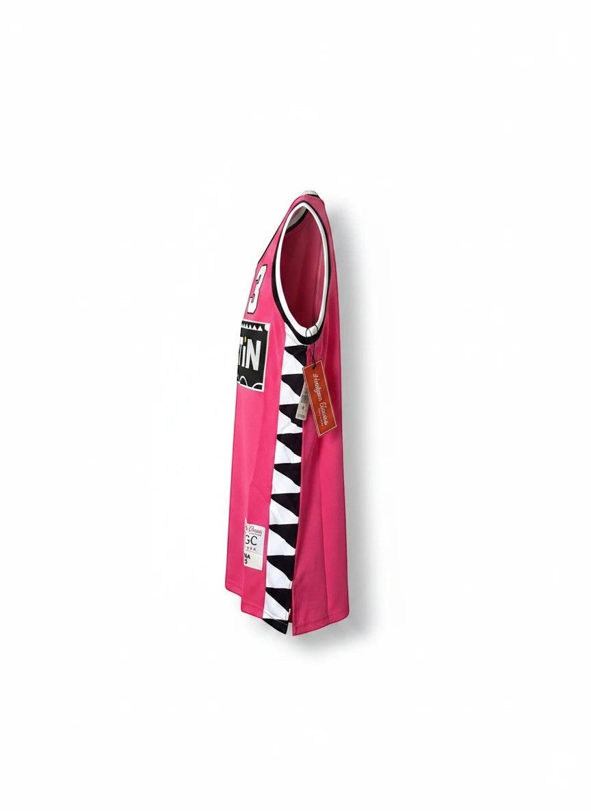 Throwback Rack pink basketball jersey with "MARTIN" on chest and "GINA 3" on back, geometric side panels.