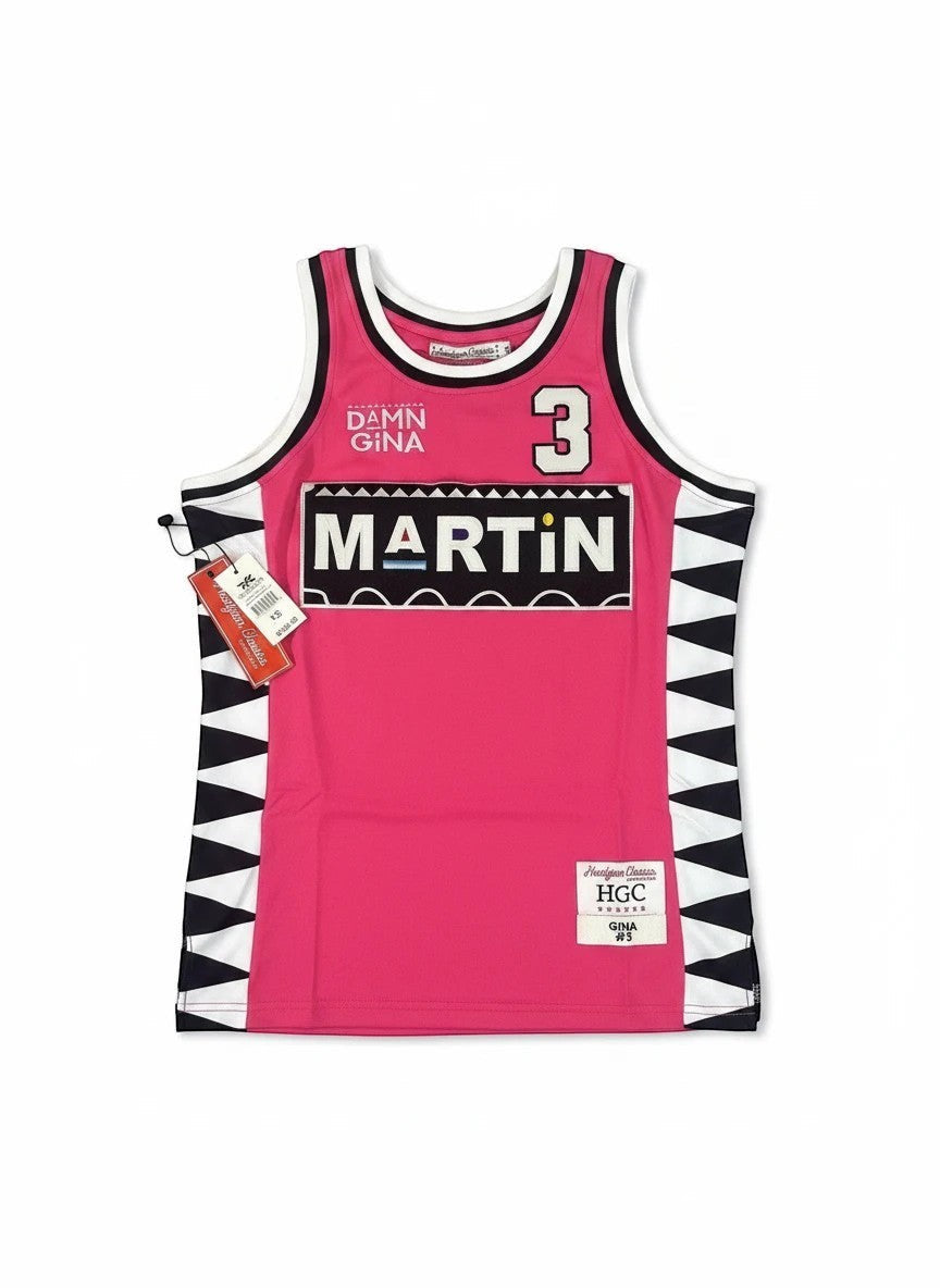 Throwback Rack pink basketball jersey with "MARTIN" and "GINA 3" lettering, geometric side panels.