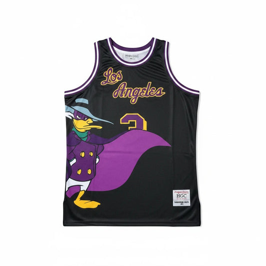 Throwback Rack Darkwing Duck Los Angeles basketball jersey in black mesh with purple and yellow embroidered details.