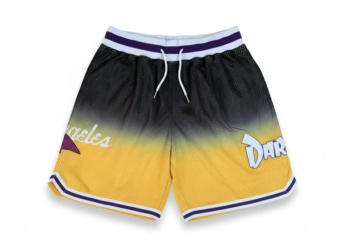 Throwback Rack Darkwing Duck Los Angeles basketball shorts in black and yellow mesh with drawstring waistband.