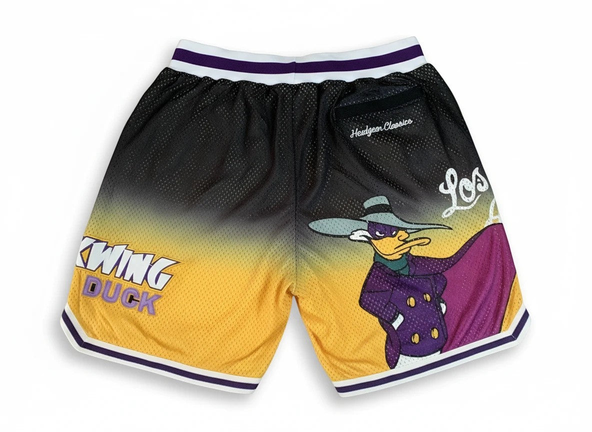 Throwback Rack Darkwing Duck basketball shorts in black and yellow mesh with embroidered character and logo details.