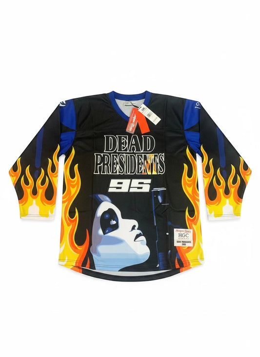 Throwback Rack black hockey jersey with flame graphics, "DEAD PRESIDENTS 95" text, and a graphic of a face.