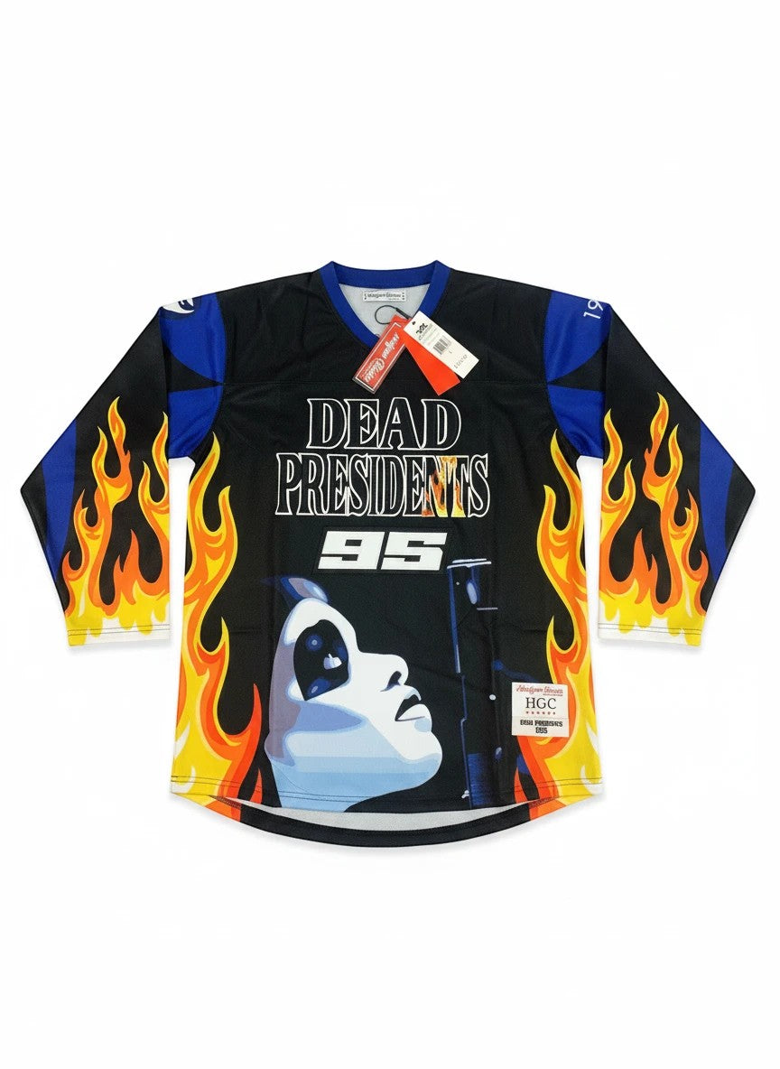 Throwback Rack black hockey jersey with flame graphics, "DEAD PRESIDENTS 95" text, and a graphic of a face. Made of polyester.
