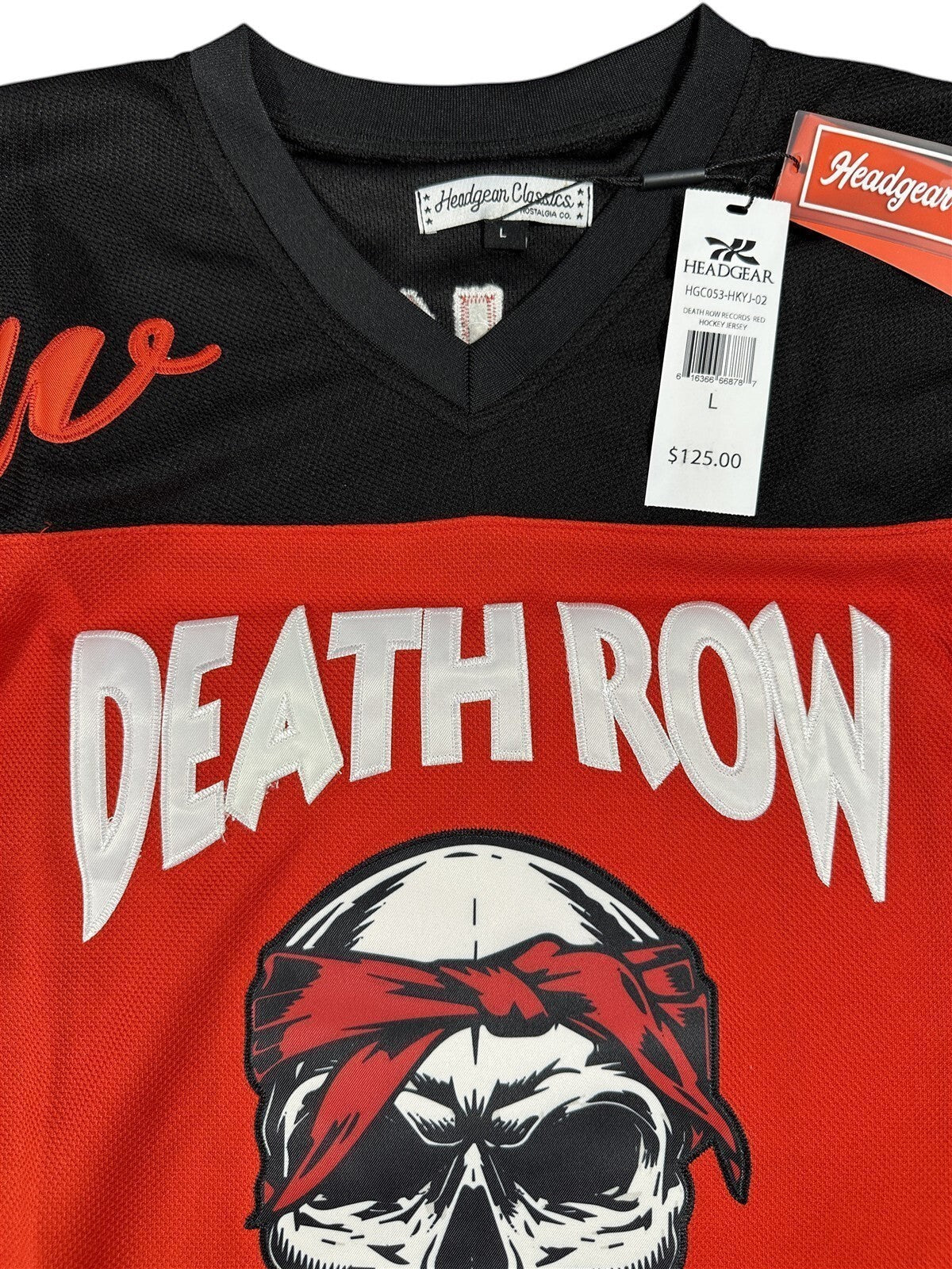 Throwback Rack red and black hockey jersey with "Death Row" and skull graphic, honoring 2Pac.