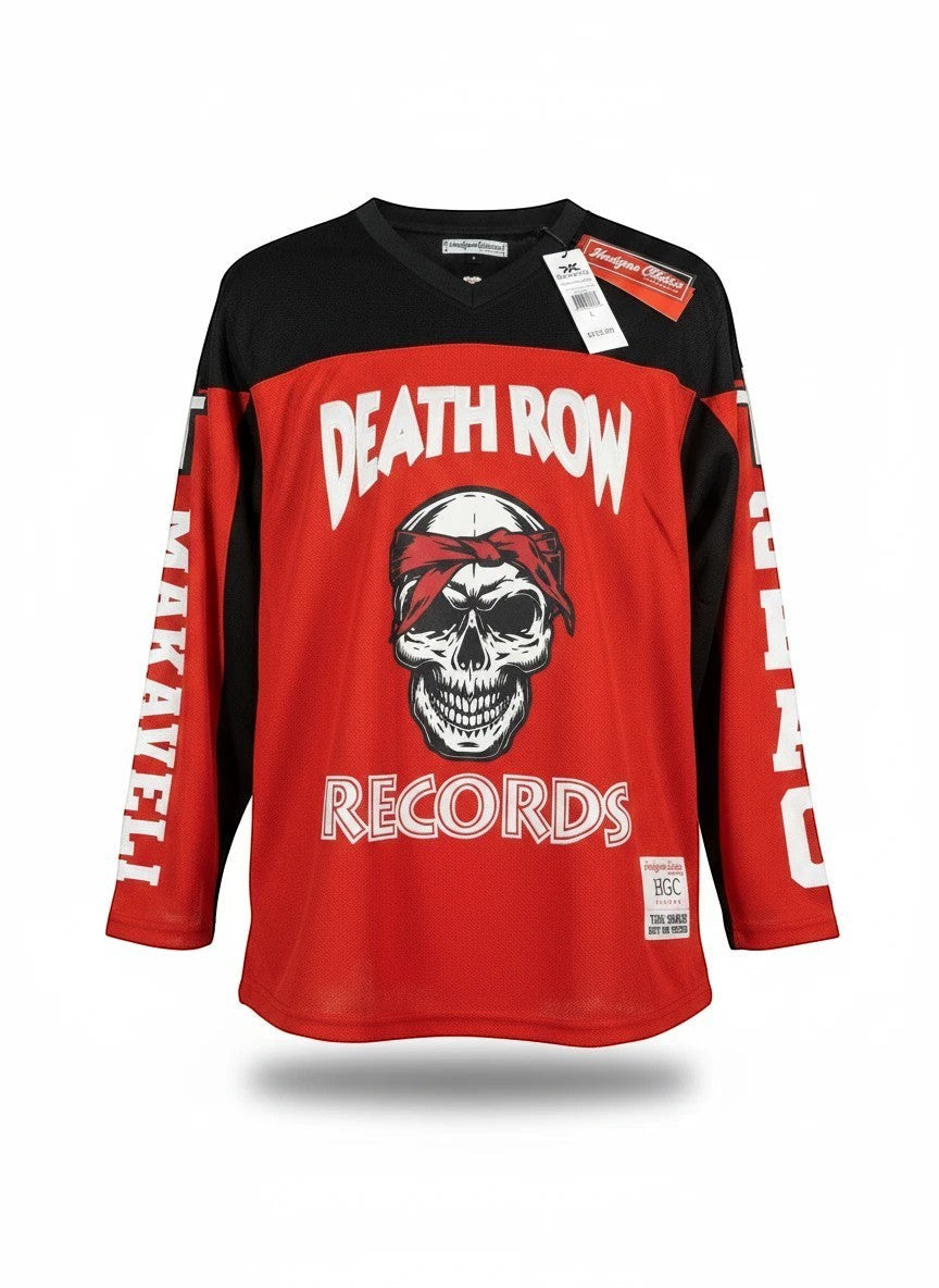 Throwback Rack red and black hockey jersey with "Death Row Records" logo, skull graphic, "Makaveli" and "2Pac" on sleeves, and "SHAKUR 00 thug life" on back.