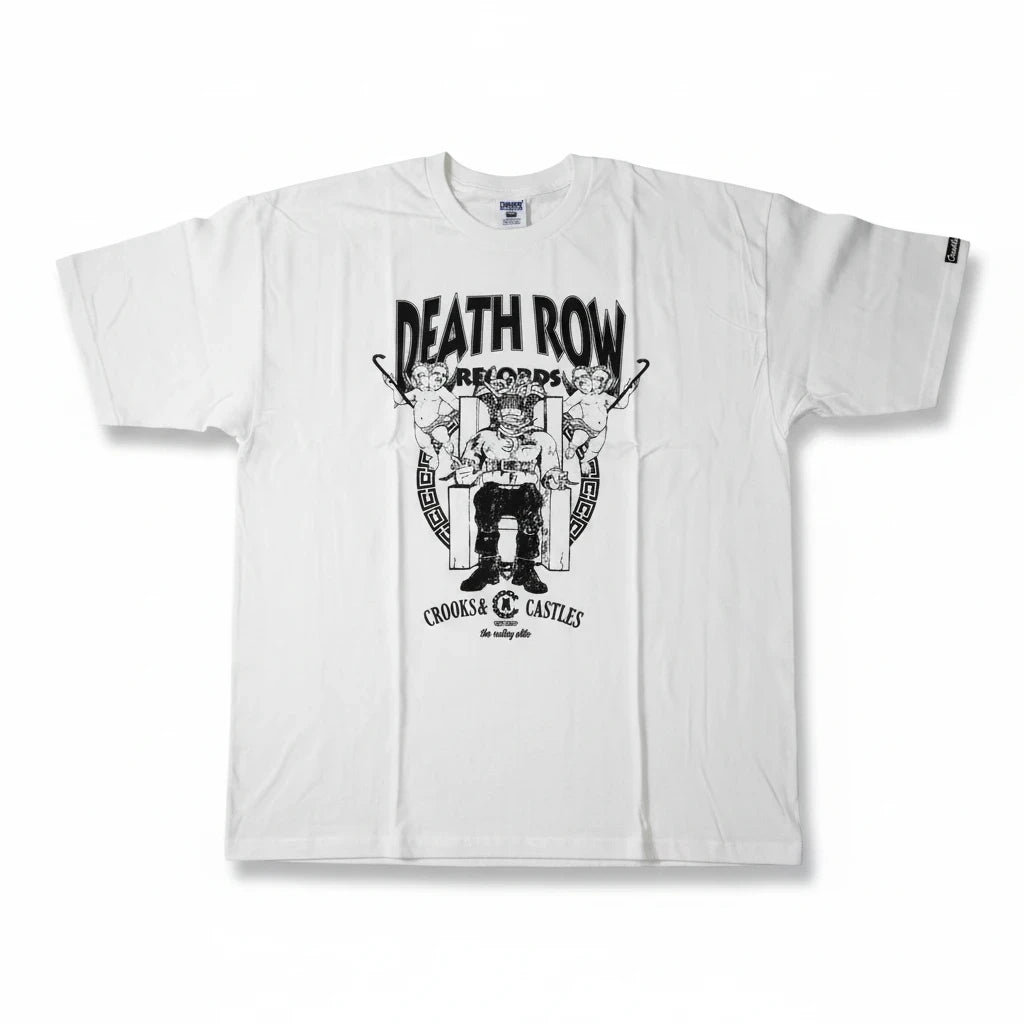 Throwback Rack white Death Row Records x Crooks & Castles graphic crewneck t-shirt with screen-printed front design.