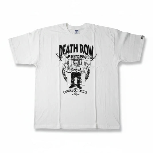 Throwback Rack white Death Row Records x Crooks & Castles graphic crewneck t-shirt with screen-printed front design.