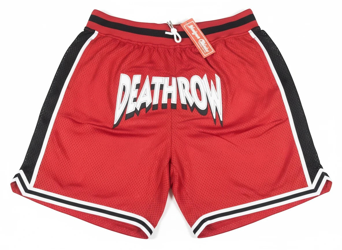 Throwback Rack DEATH ROW RECORDS red mesh basketball shorts with white lettering and black and white side stripes. Elastic waist with drawstring.