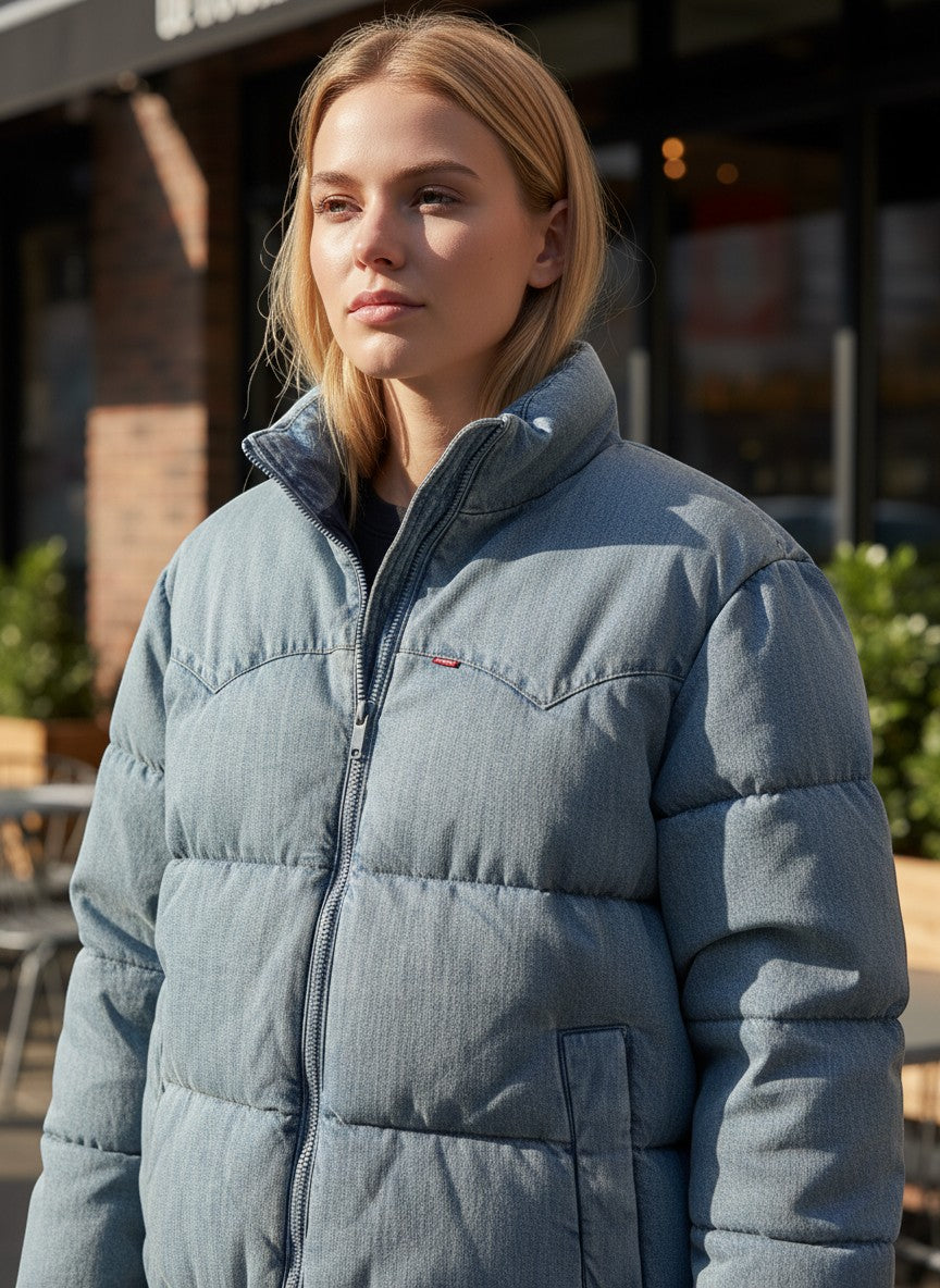 Throwback Rack light wash denim puffer jacket on a woman, featuring western-style yokes and a zip-up front.