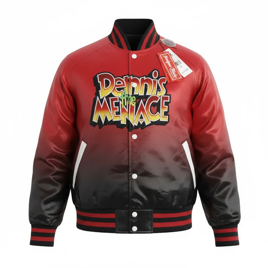 Throwback Rack Dennis the Menace varsity jacket in red and black gradient with front logo and striped ribbed trim.
