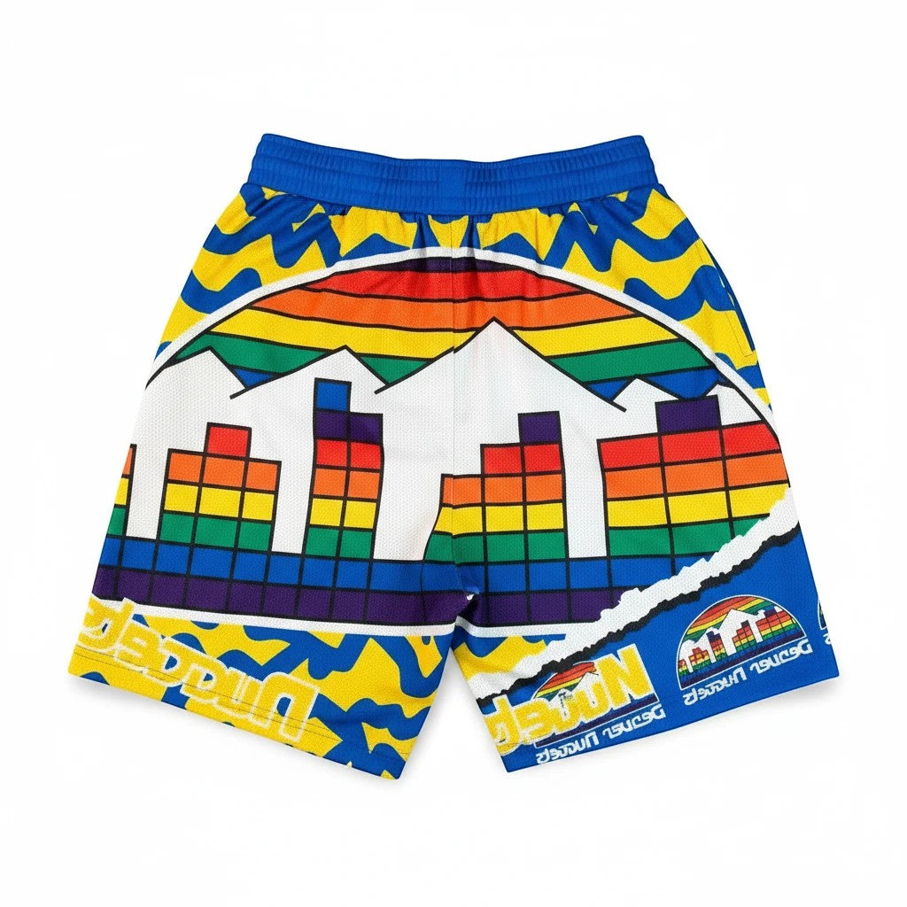 Throwback Rack Mitchell & Ness Denver Nuggets mesh basketball shorts with retro rainbow skyline graphic
