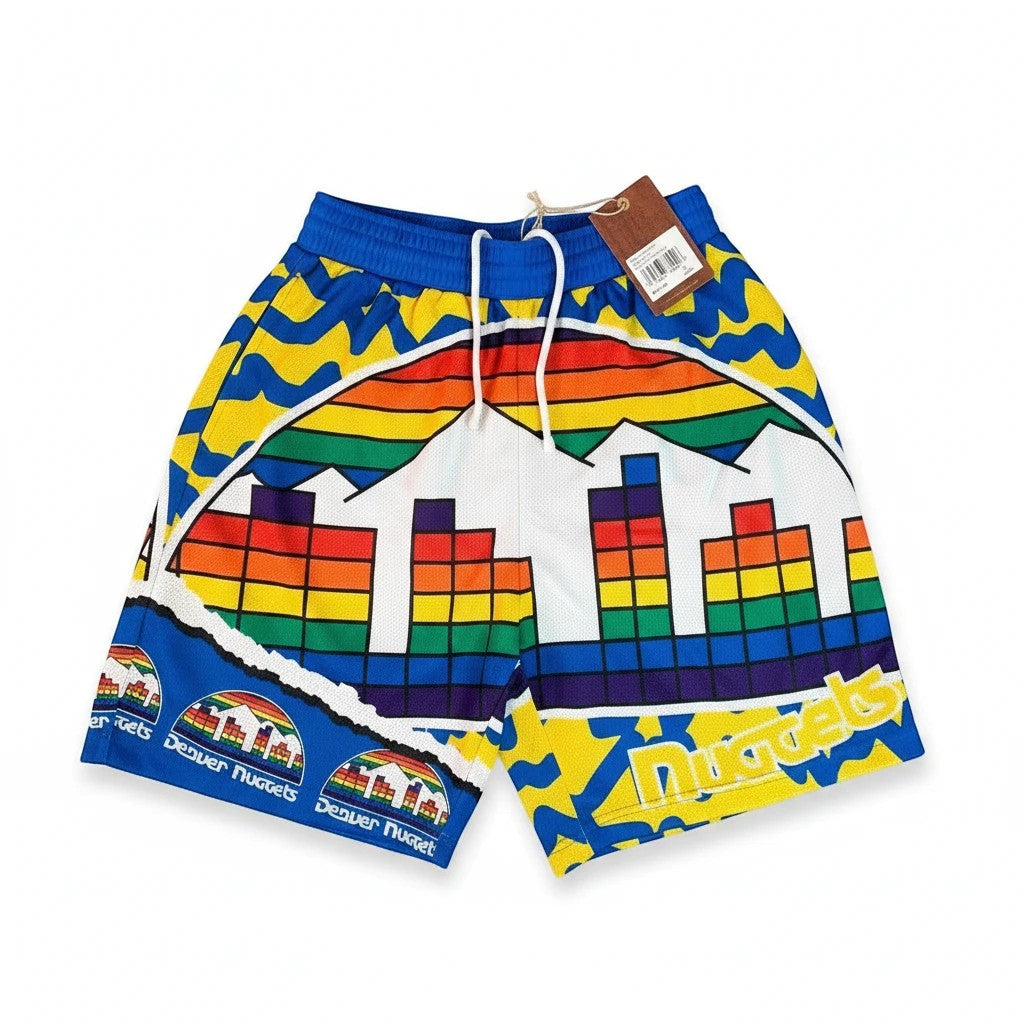 Throwback Rack Mitchell & Ness Denver Nuggets mesh basketball shorts featuring a vibrant rainbow skyline graphic.