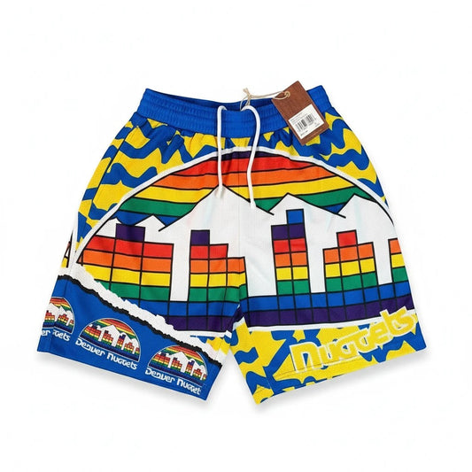 Throwback Rack Mitchell & Ness Denver Nuggets mesh basketball shorts featuring a vibrant rainbow skyline graphic.