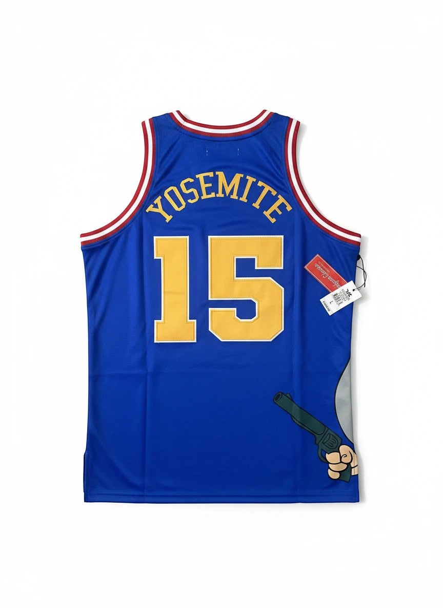Throwback Rack blue basketball jersey with yellow number 15 and Yosemite text, featuring Yosemite Sam graphic.