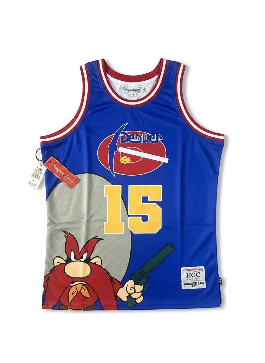 Throwback Rack blue basketball jersey with Denver logo, number 15, and Yosemite Sam graphic. Features red and white trim.