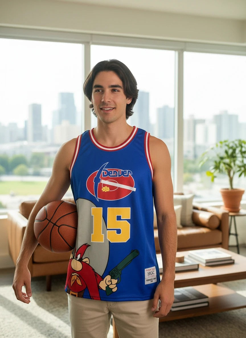 Throwback Rack blue basketball jersey with Yosemite Sam graphic and number 15. Features "Denver" text and a pickaxe.