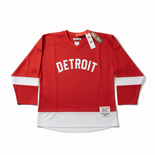 Throwback Rack red and white Detroit hockey jersey featuring breathable mesh fabric and Headgear Classics branding.