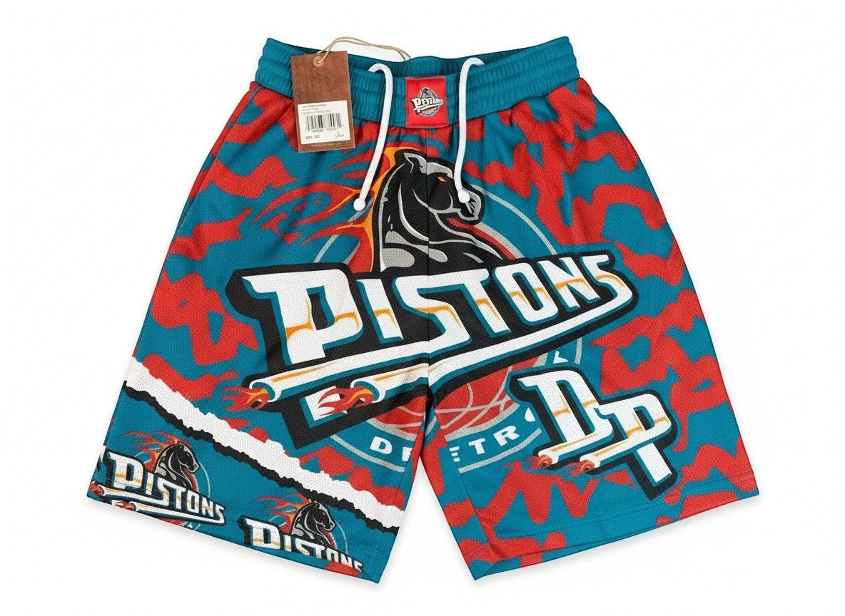 Throwback Rack Mitchell & Ness Detroit Pistons basketball mesh shorts in teal and red with retro horse logo graphics.