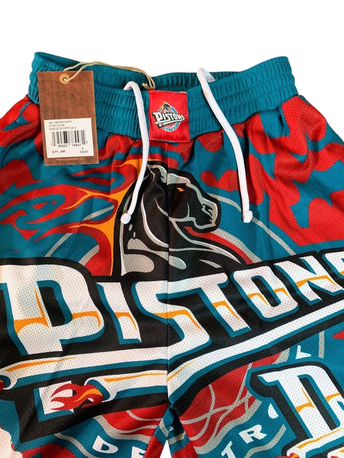 Throwback Rack Mitchell & Ness Detroit Pistons mesh basketball shorts in teal and red with retro horse logo graphic