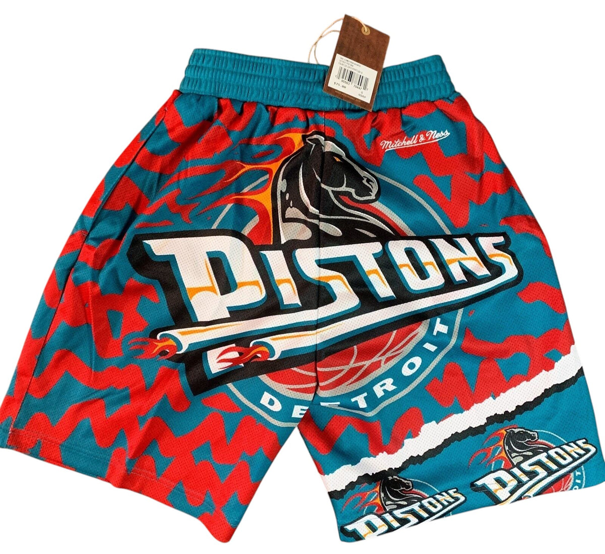 Throwback Rack Mitchell & Ness Detroit Pistons mesh basketball shorts in red and teal with retro horse logo print.