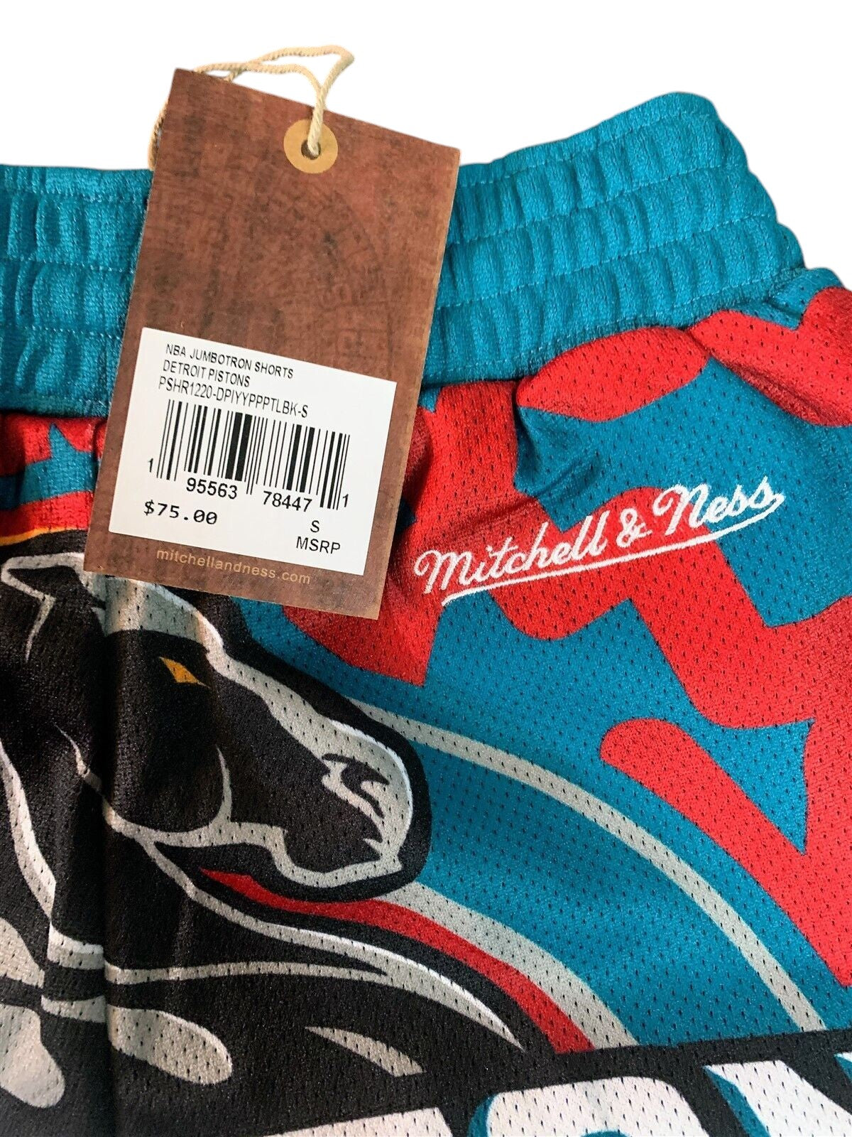 Throwback Rack Mitchell & Ness Detroit Pistons basketball mesh shorts in teal and red with vintage horse logo graphic