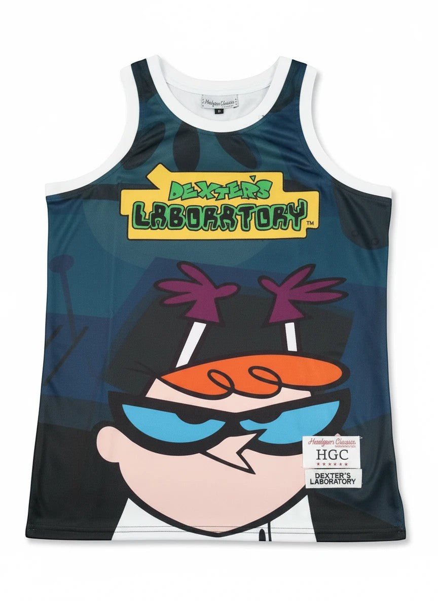 Throwback Rack Dexter's Laboratory graphic basketball jersey in dark blue with a large Dexter character print.