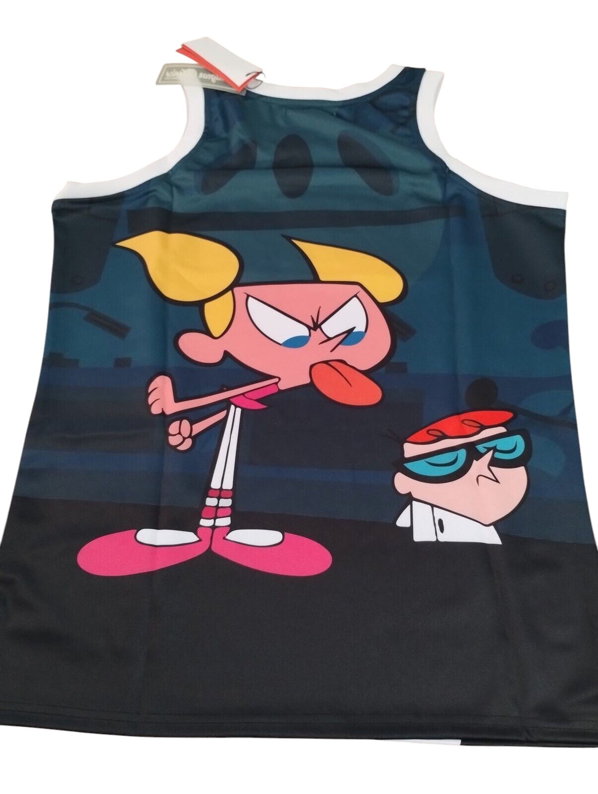 Throwback Rack Dexter's Laboratory graphic basketball jersey featuring Dexter and Dee Dee on a dark blue background.