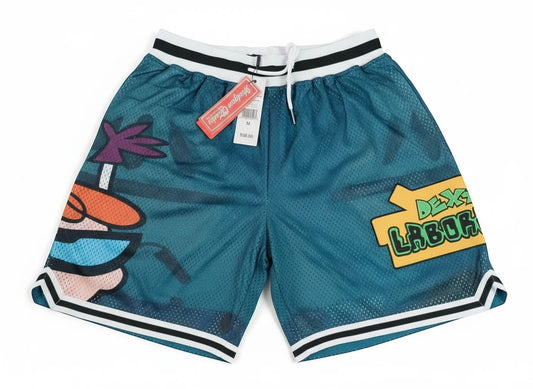 Throwback Rack teal mesh athletic shorts featuring Dexter's Laboratory graphics, elastic waistband, and striped trim.
