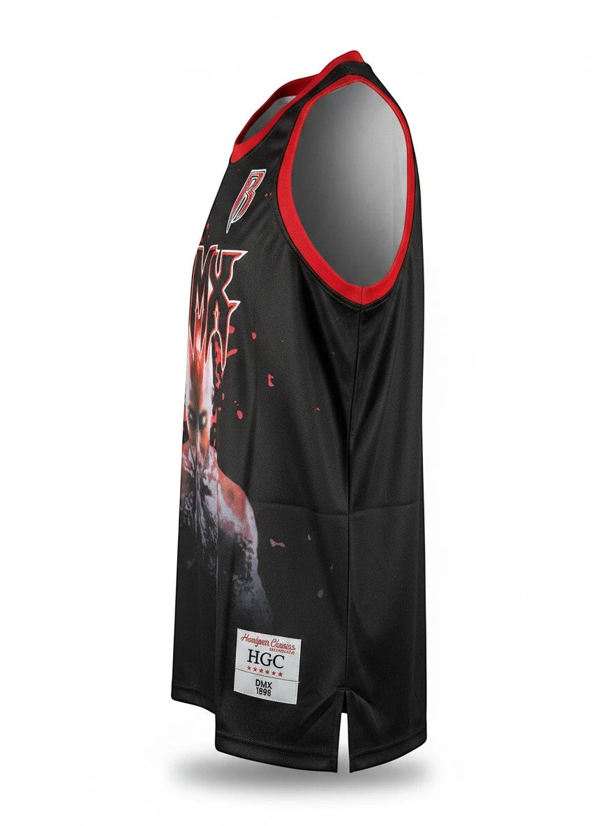 Throwback Rack DMX Flesh of My Flesh Blood of My Blood black basketball jersey with red trim and DMX graphic.