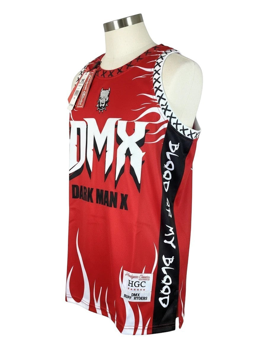 Throwback Rack DMX Dark Man X red basketball jersey with flame graphics and lyric details.