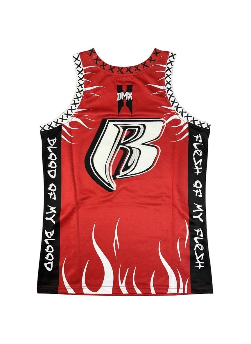 Throwback Rack red DMX Dark Man X basketball jersey with flame graphics and lyrics "BLOOD OF MY BLOOD" and "FLESH OF MY FLESH".